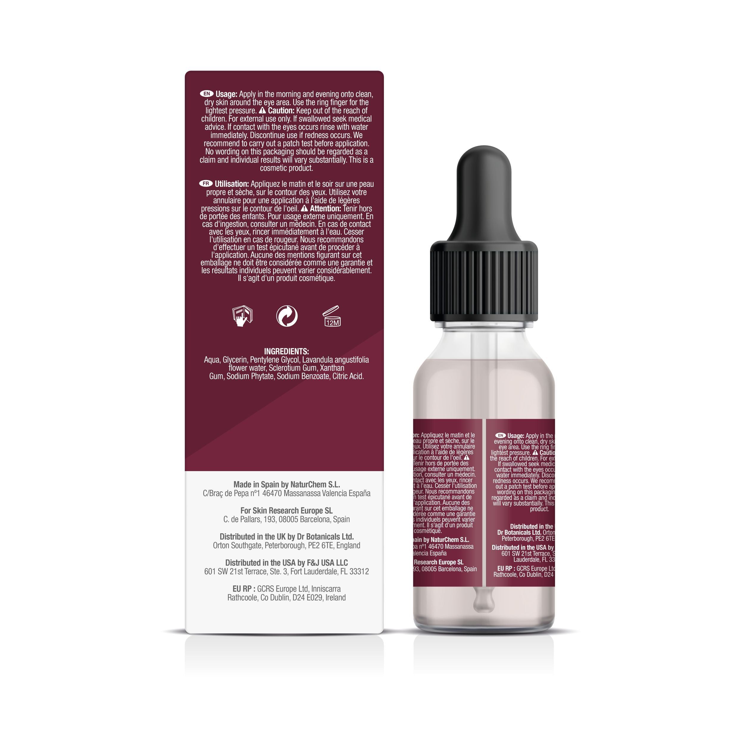 Serumflasche und Verpackung. Flasche mit Pipette, Etikett mit Produktnamen. Verpackung mit Inhaltsstoffen und Herstellerinformationen.