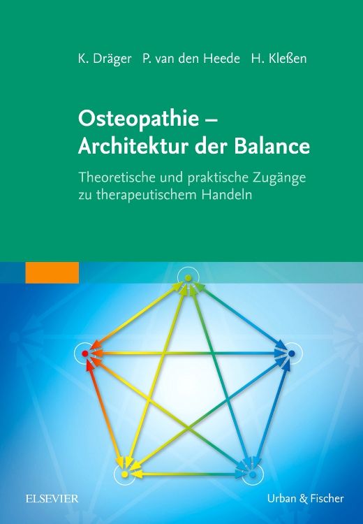 Buchcover: Osteopathie - Architektur der Balance. Titel in Weiß auf grünem Hintergrund. Geometrische Grafik.