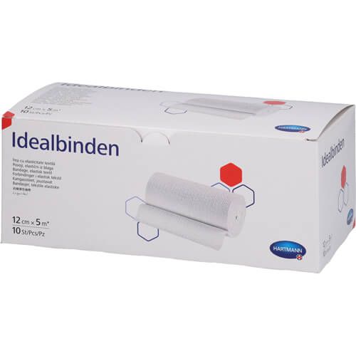 Verpackung mit Idealbinden. Weißer Karton mit Produktname und Hartmann-Logo. Enthält 10 Stück, 12 cm x 5 m.