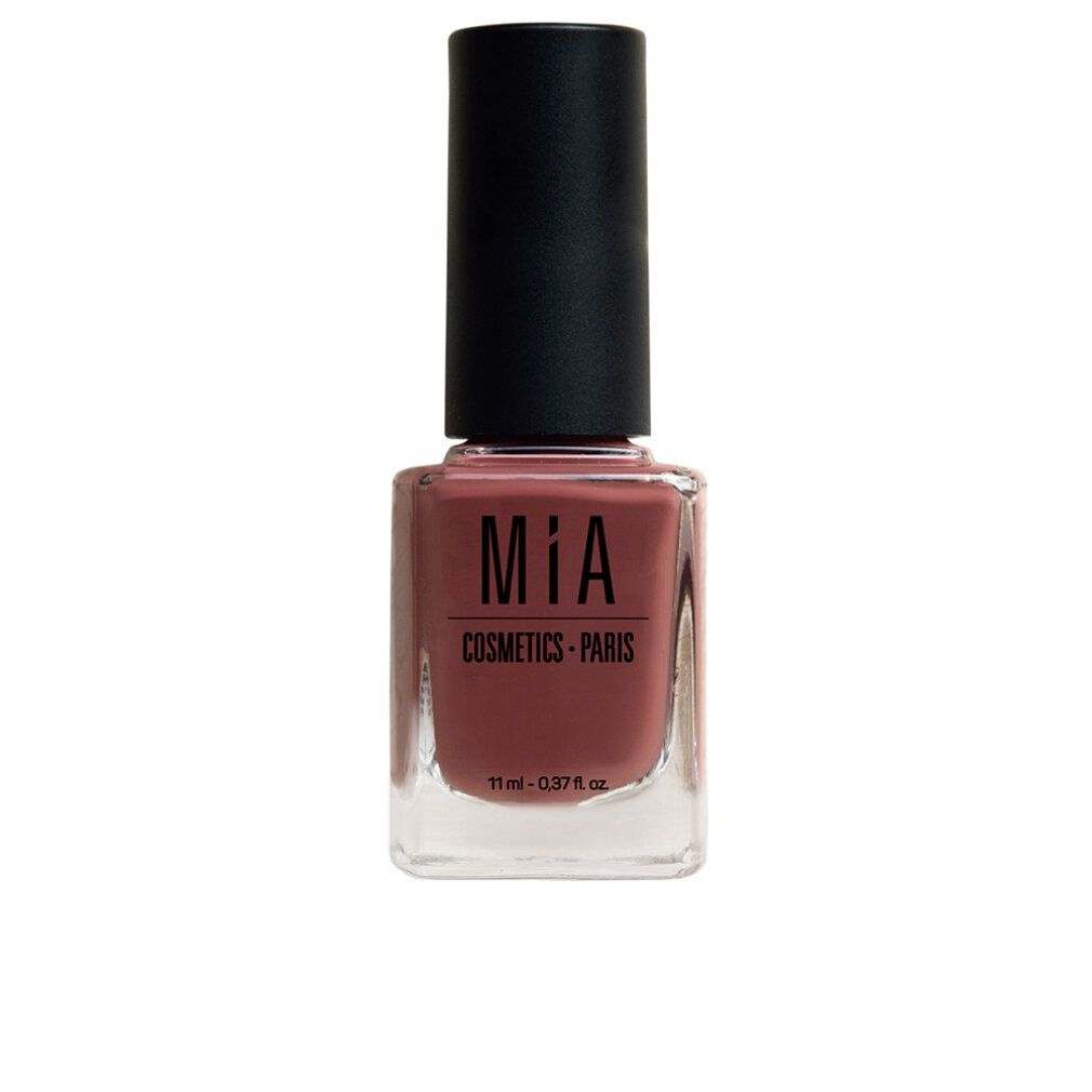 Nagellackflasche mit schwarzem Deckel. Aufschrift: MIA COSMETICS - PARIS. Farbe: Mogano. Volumen: 11 ml - 0.37 fl. oz.