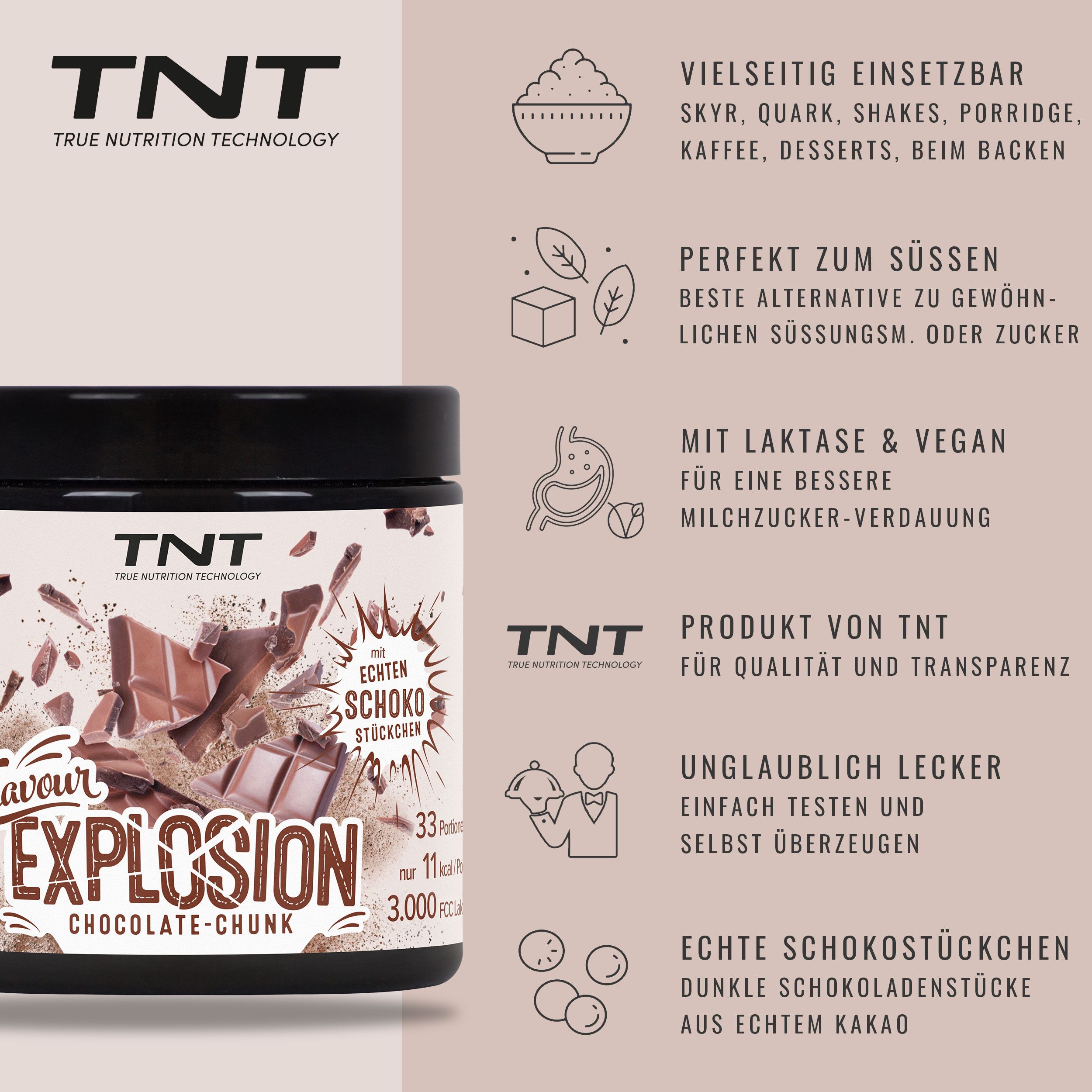 TNT Flavour Explosion Chocolate-Chunk Pulverbehälter mit Schokoladenstückchen-Design.