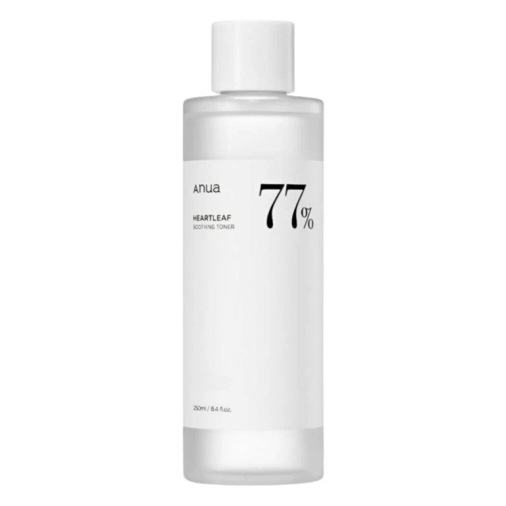 Anua Heartleaf 77% Soothing Toner Flasche mit Etikett und weißem Deckel.