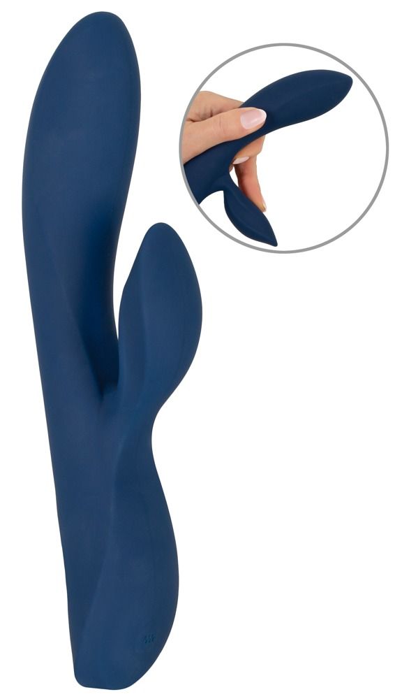 Dunkelblauer Vibrator in Hasenform. Ergonomisches Design. Zusätzliche Nahaufnahme einer Hand, die das Produkt hält.
