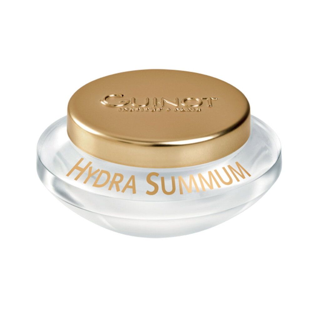 Guinot Hydra Summum Creme in einem Glasbehälter mit goldenem Deckel.