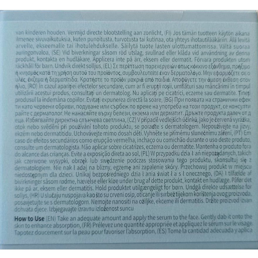 Gebrauchsanweisung für ein Hautpflegeprodukt in mehreren Sprachen.