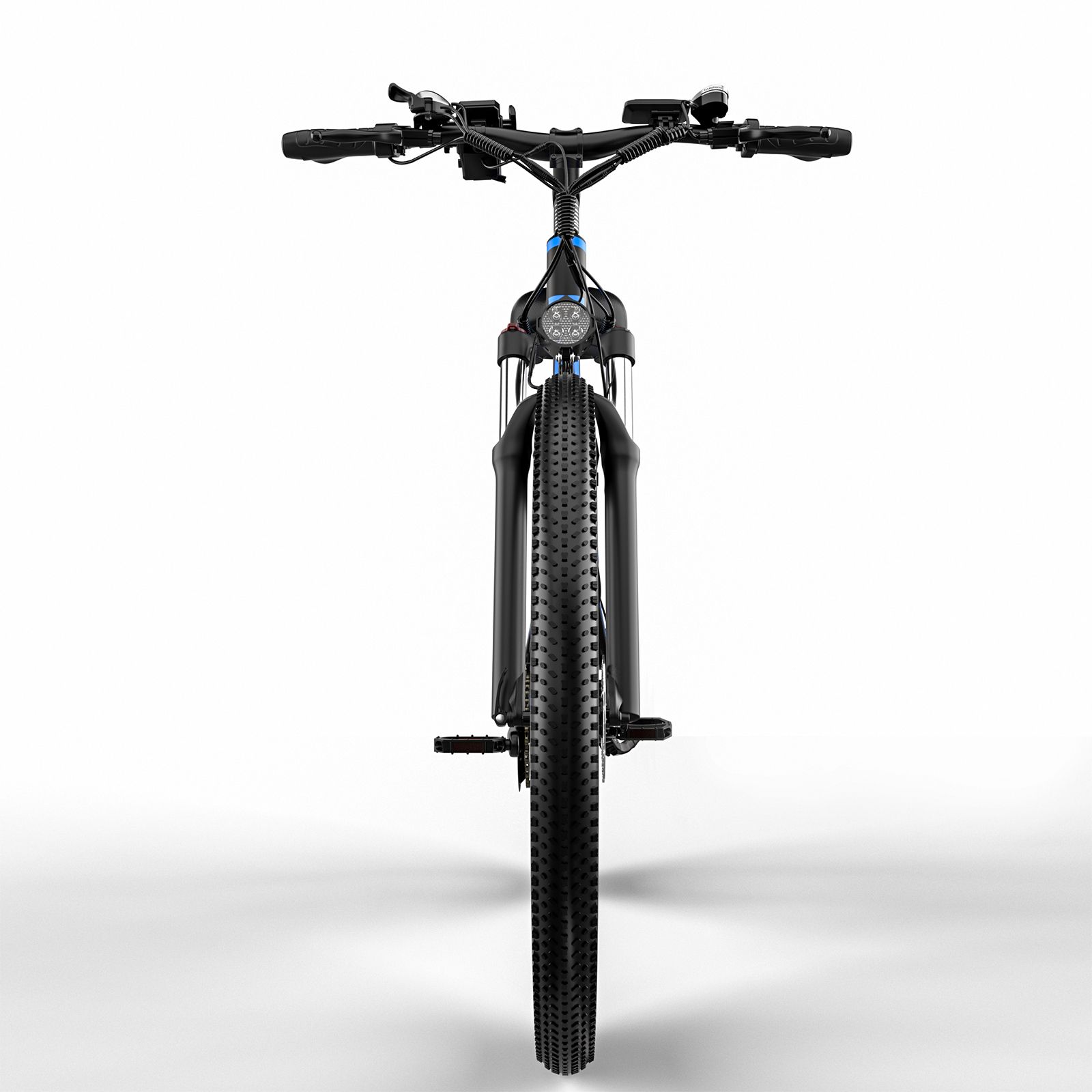 Frontansicht eines schwarzen E-Bikes. Scheinwerfer, Lenker, und Reifen sichtbar. E·Bycco Logo.