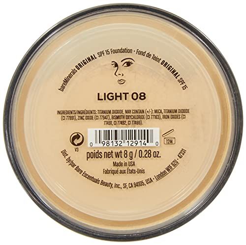 Beige Puder in einem Behälter. Auf dem Deckel steht 'bareMinerals ORIGINAL SPF 15 Foundation' und 'LIGHT 08'.