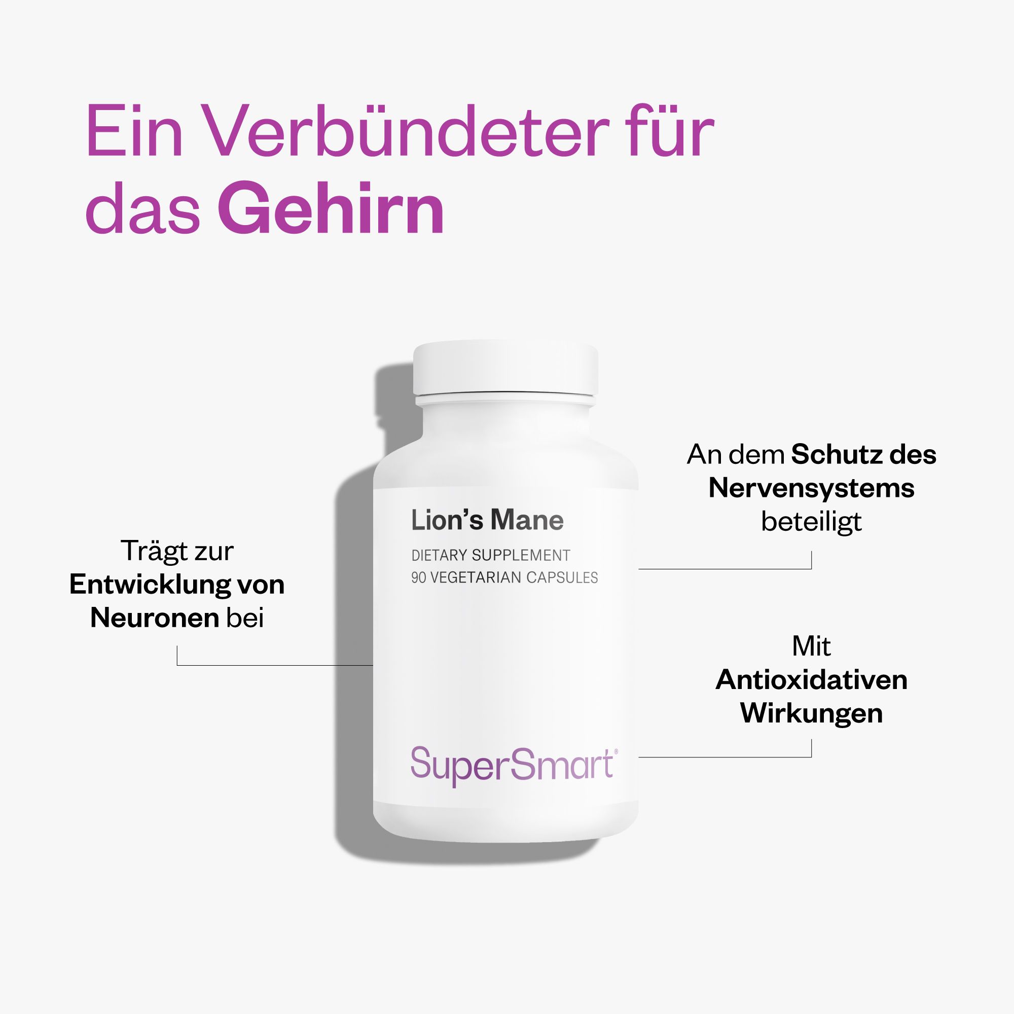 Weiße Flasche mit Lion's Mane Kapseln. Marke: SuperSmart. Text: 90 vegetarische Kapseln. Beschriftung: Trägt zur Entwicklung von Neuronen bei.