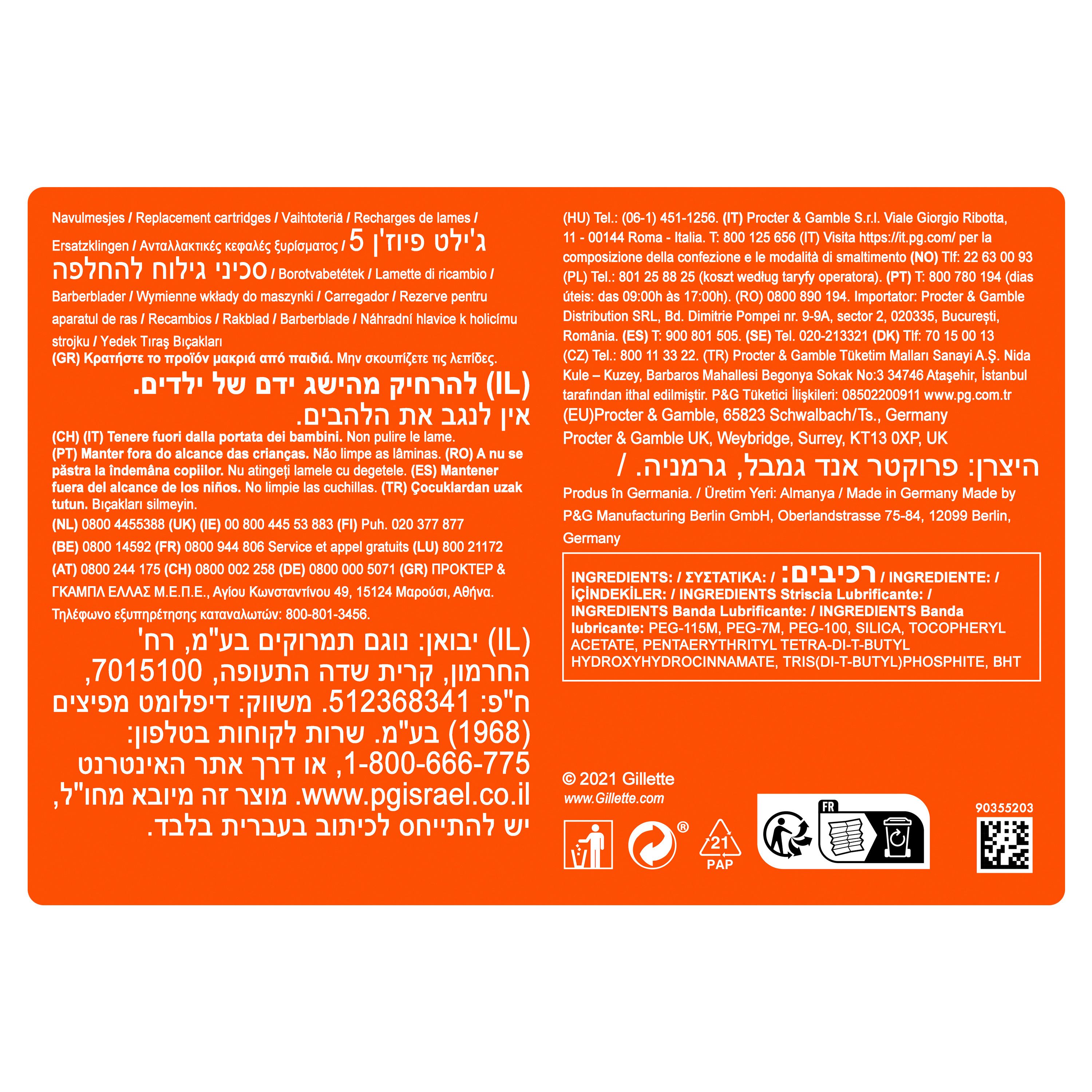 Rückseite der Gillette Fusion5 Rasierklingen-Verpackung. Text in mehreren Sprachen, Inhaltsstoffe und Herstellerinformationen.