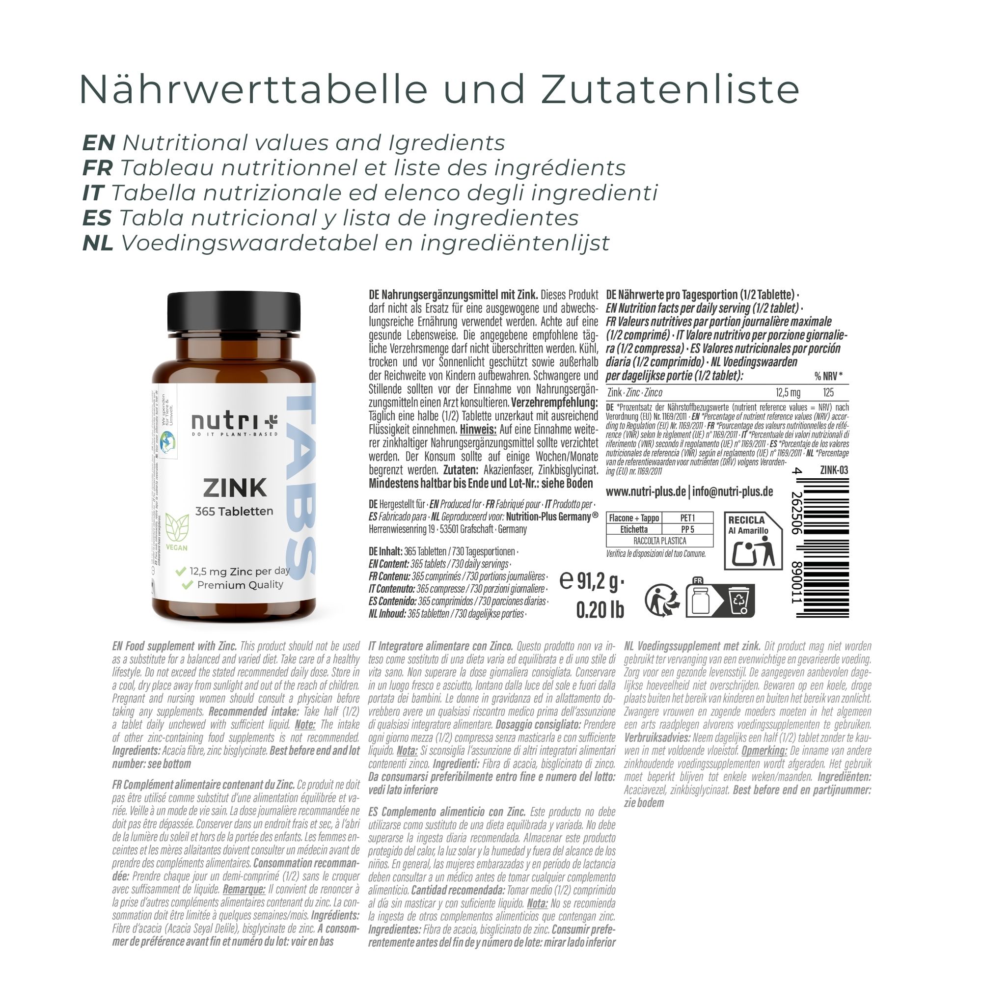 Braune Flasche mit nutri+ Zink Tabletten. Aufschrift: Zink, 365 Tabletten, 12,5 mg Zink pro Tag, Premium Qualität, vegan.