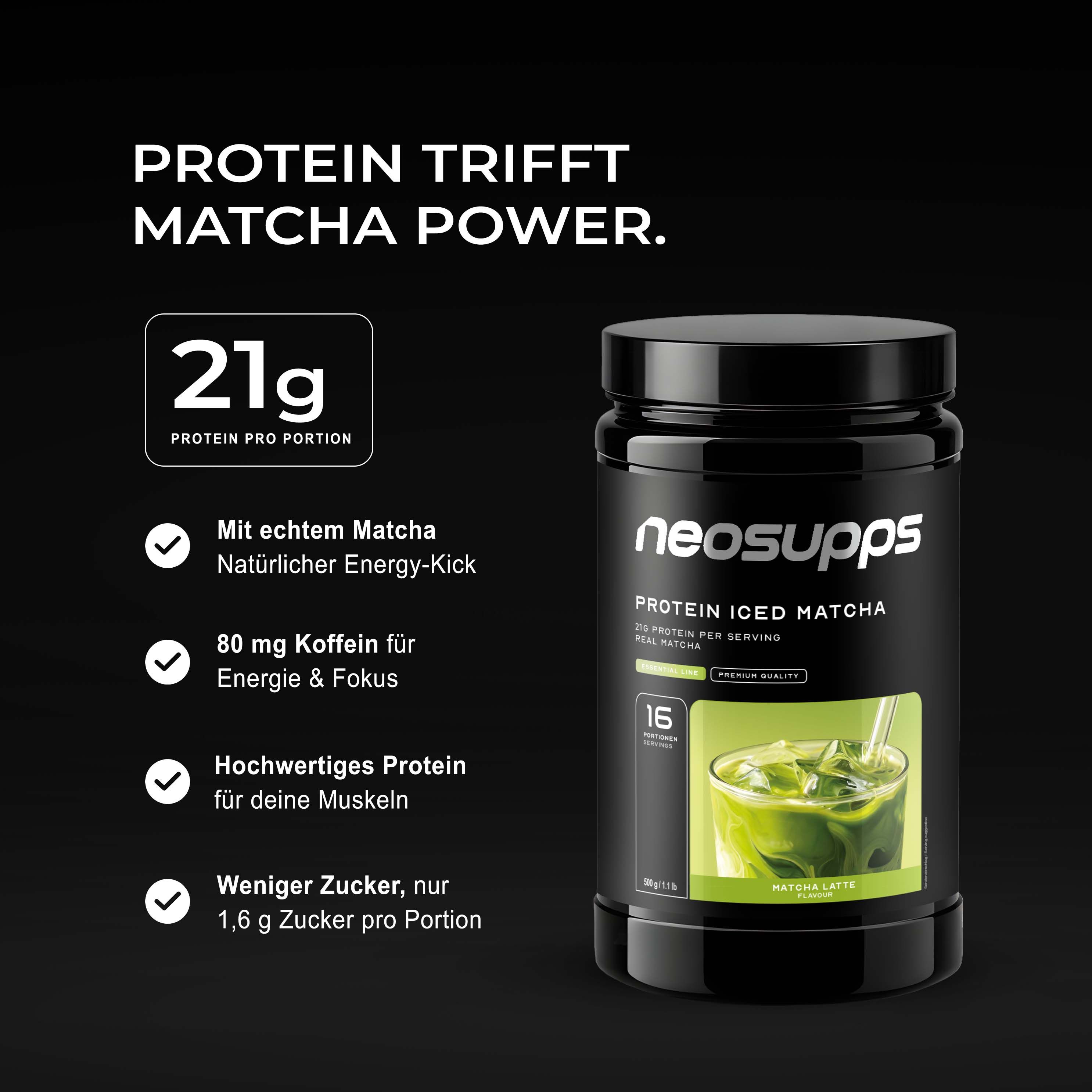 Neosupps Protein Iced Matcha Dose mit Nährwertangaben und einem Glas Matcha Latte.
