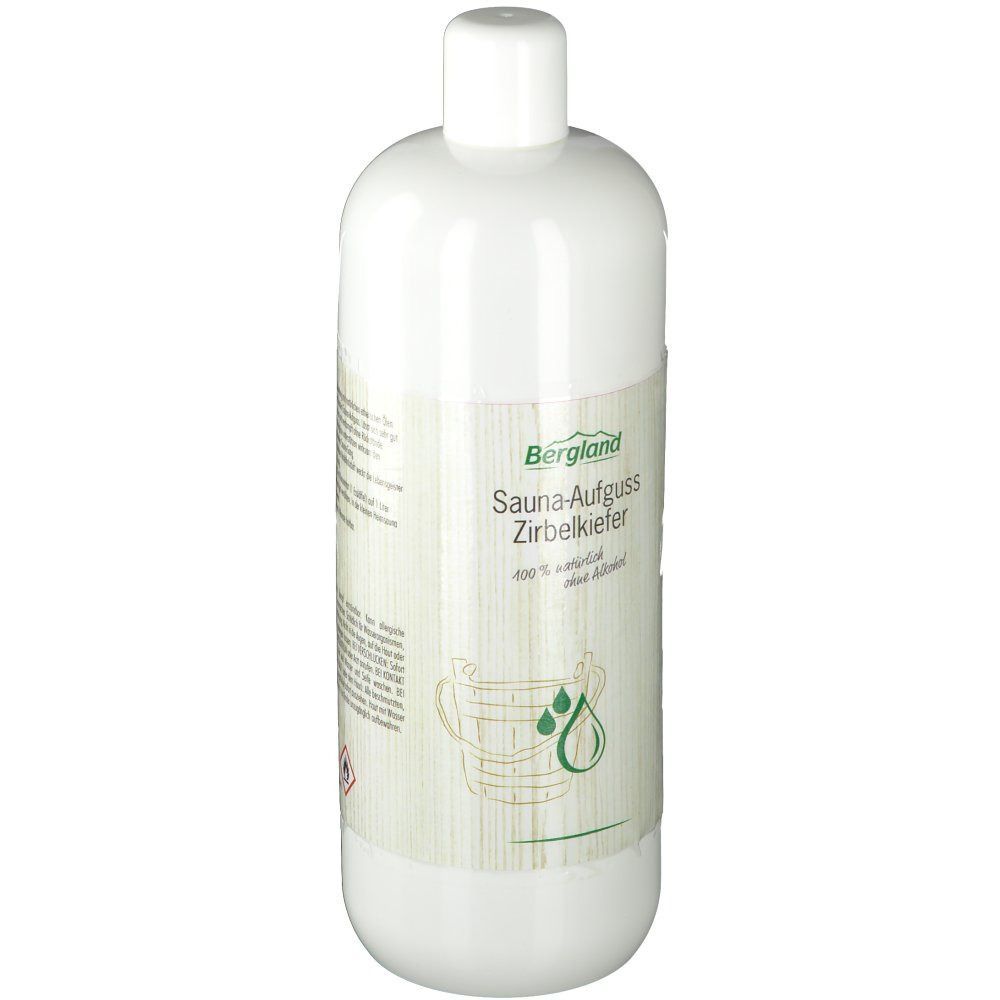 Weiße Flasche mit Schraubverschluss. Etikett mit Produktname: Sauna-Aufguss Zirbelkiefer. Logo und Illustration.
