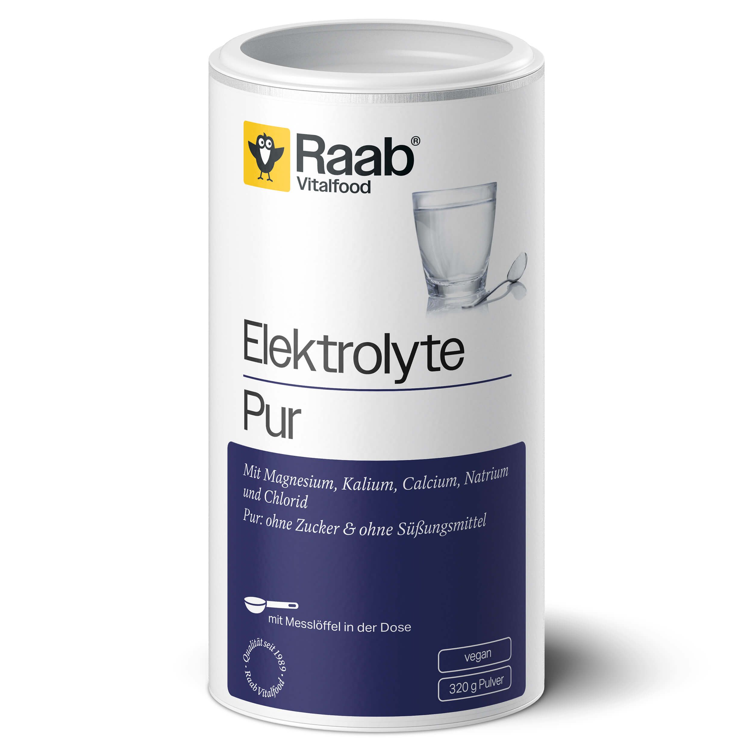 Weiße Dose mit blauem Etikett. Aufschrift: Elektrolyte Pur. Enthält Magnesium, Kalium, Calcium, Natrium und Chlorid. Vegan. 320g Pulver.