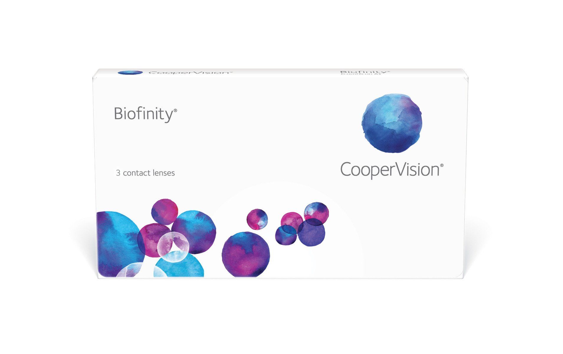 Confezione di lenti a contatto Biofinity contenente 3 lenti. La scatola bianca presenta il logo Biofinity e la scritta "3 lenti a contatto". È presente anche il logo CooperVision. Sulla confezione sono raffigurate sfere astratte blu e viola.