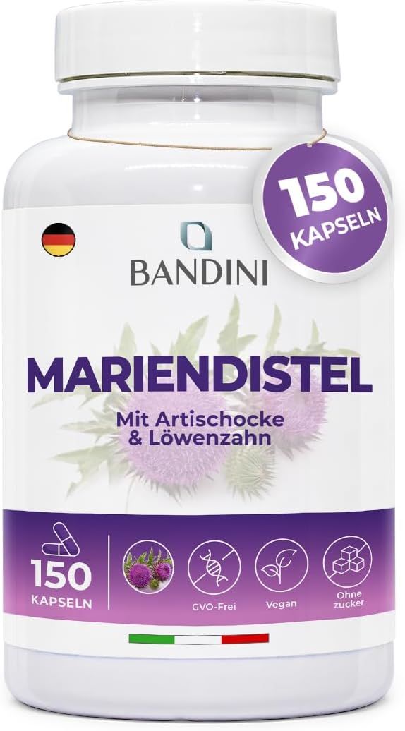 Weiße Kapsel-Dose mit lila Etikett. Bandini Mariendistel-Komplex. 150 Kapseln. GVO-frei, Vegan, Ohne Zucker.