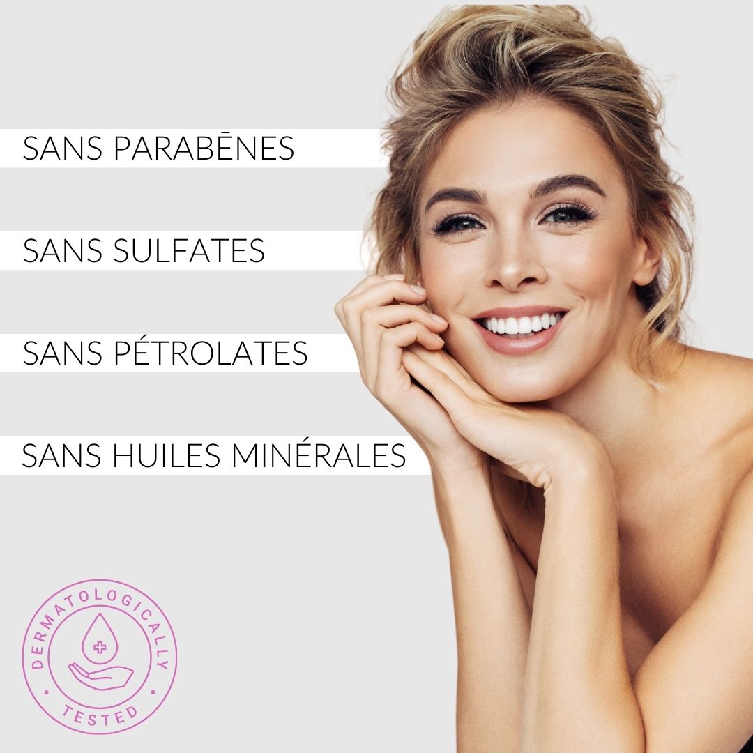 Femme aux cheveux blonds. Texte : Sans parabènes, sulfates, pétrolates, huiles minérales. Testé dermatologiquement.