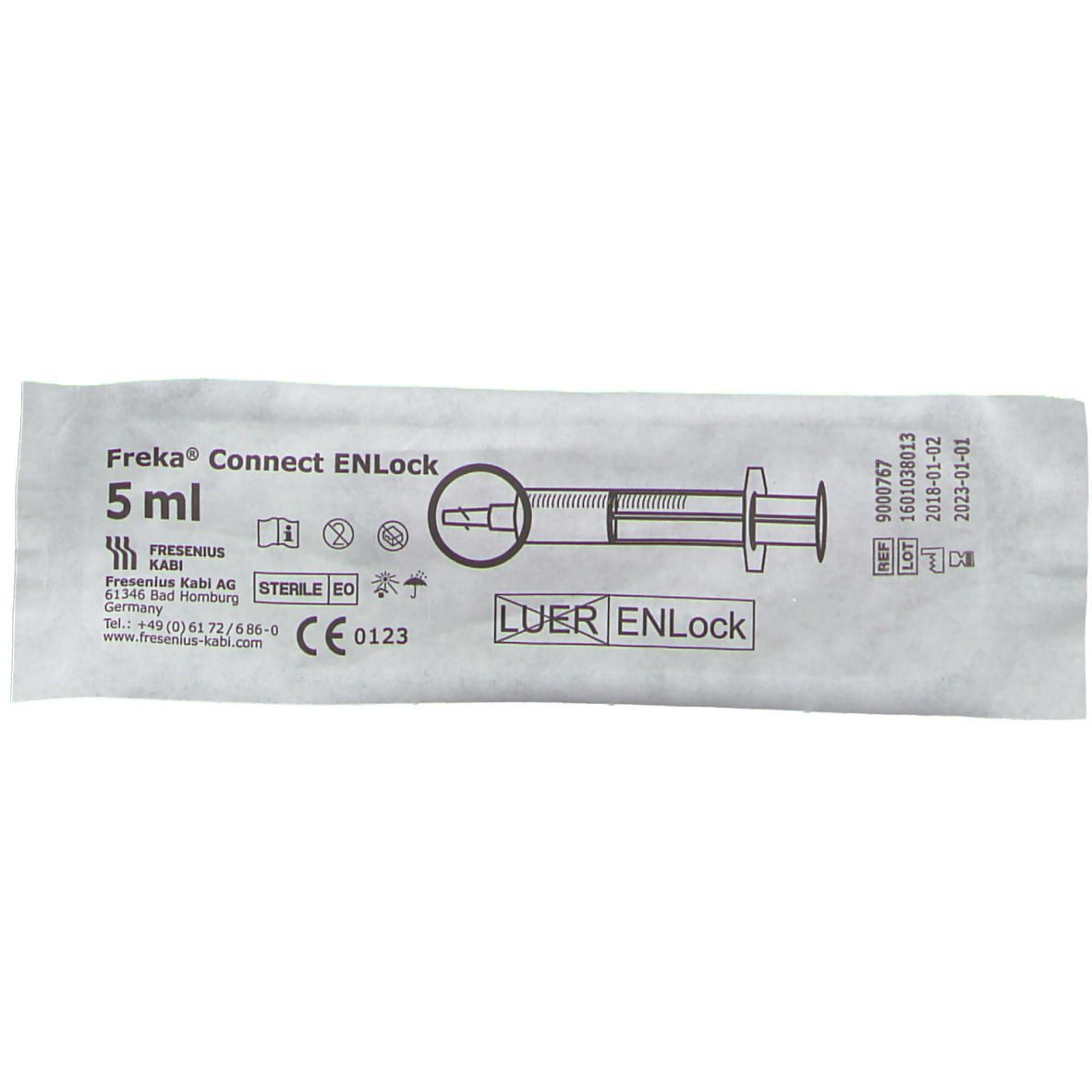 Verpackung mit Freka® Connect ENLock 5 ml. Steril verpackte Einmalspritze mit Luer-Lock-Anschluss. CE-Kennzeichnung.