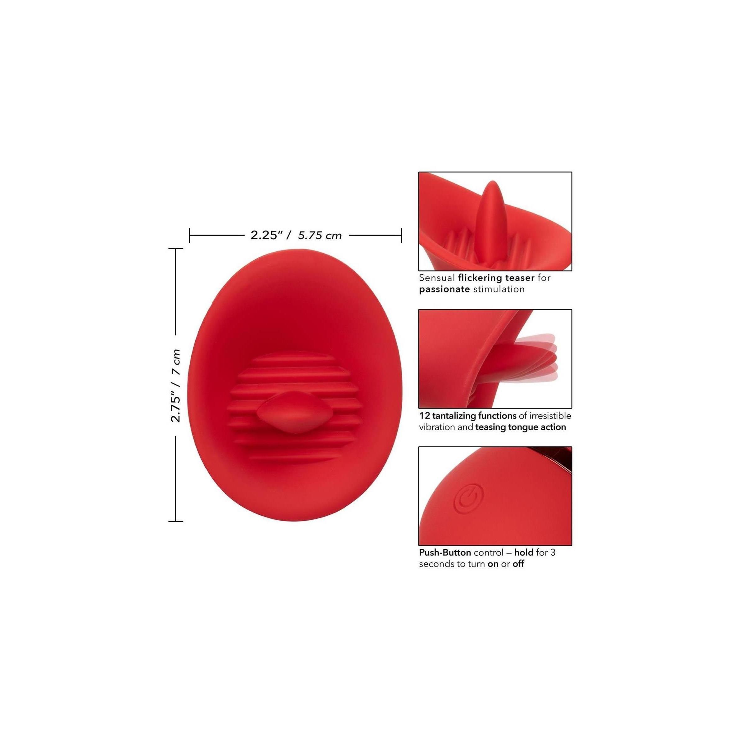 Roter Seducer. Abmessungen: 2,75 x 7 cm. Mit detaillierten Produktmerkmalen: Zungen- und Vibrationsfunktionen. Push-Button-Steuerung.