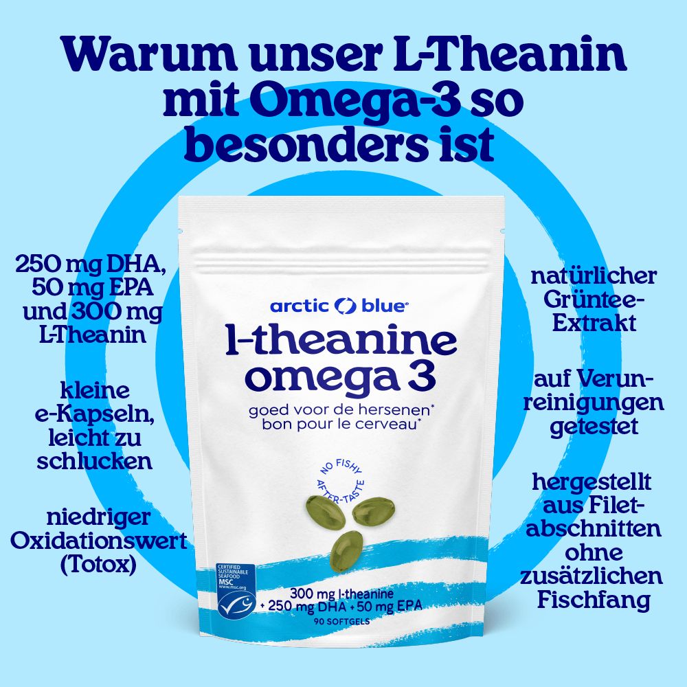 Packung L-Theanin Omega 3 mit 90 Softgels. Enthält 250 mg DHA, 50 mg EPA und 300 mg L-Theanin pro Softgel. Natürlicher Grüntee-Extrakt.