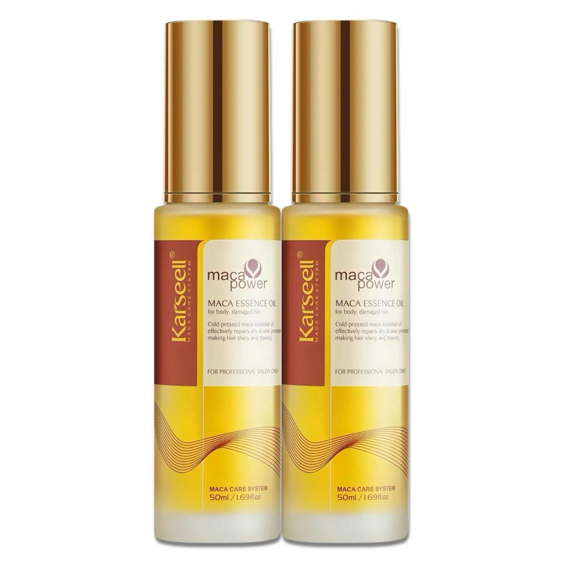 Zwei Flaschen Haaröl, goldener Deckel. Text: Karseell, Maca Essence Oil. 50ml/1.6 fl.oz. Aufschrift: Maca Care System.