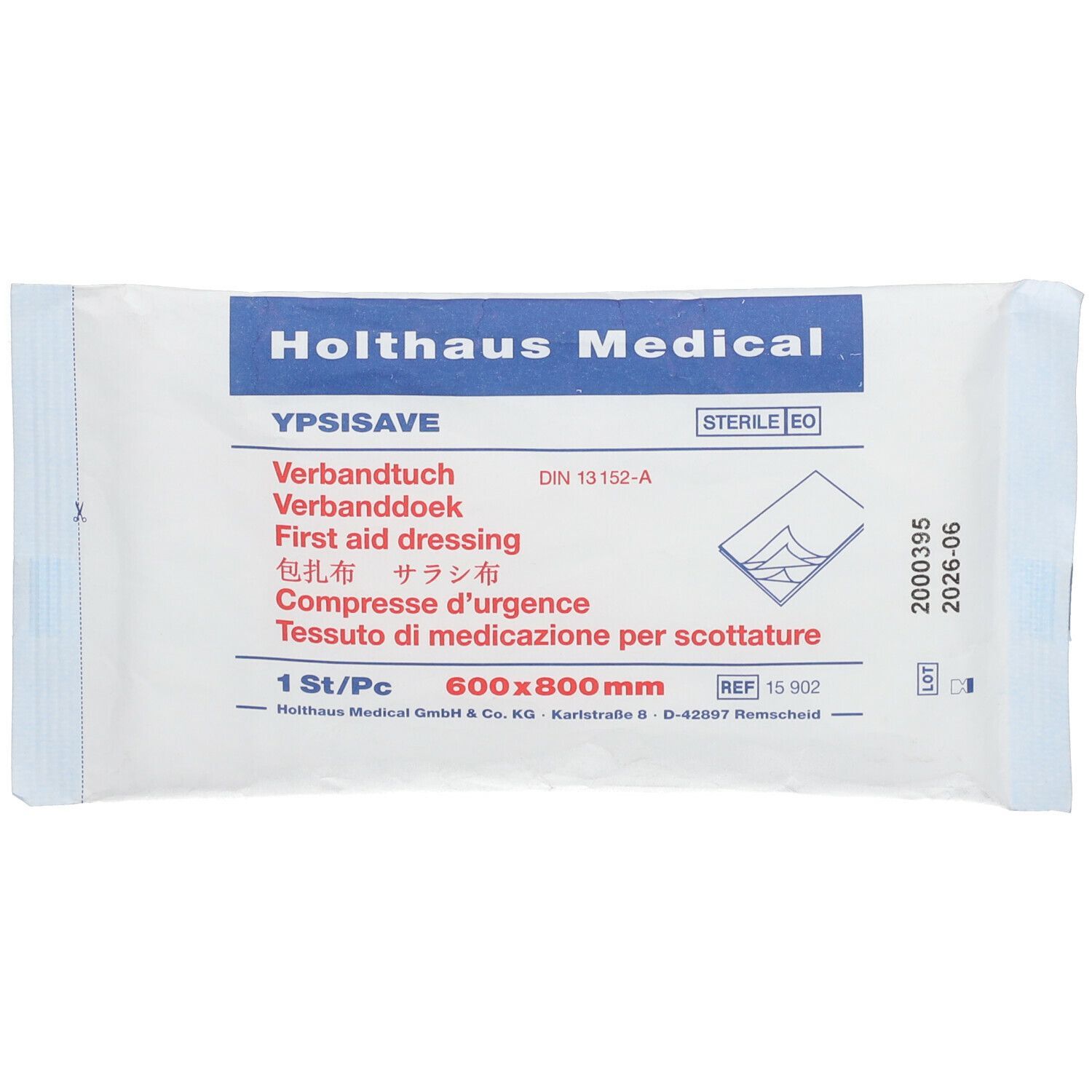 Verbandtuch-Verpackung. Weißes Paket mit blauem Streifen und Aufdruck. Text: Holthaus Medical, YPSISAVE, Verbandtuch, 600x800mm.