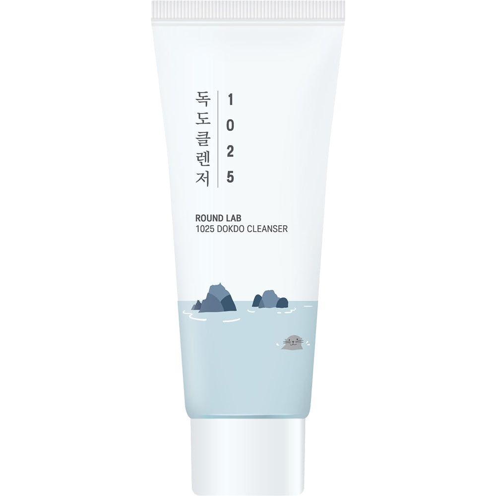 ROUND LAB 1025 Dokdo Reiniger Tube mit minimalistischem Design und Meeresmotiv.