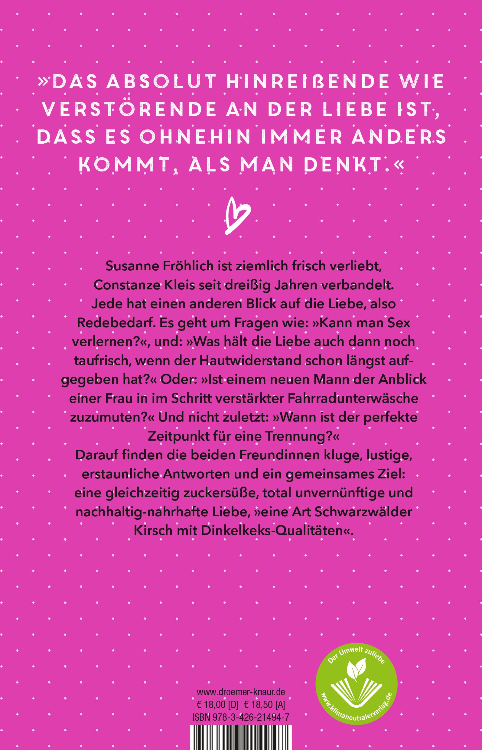 Rückseite des Buches Liebe machen. Pinker Hintergrund mit Text. Autoren: Susanne Fröhlich, Constanze Kleis. Verlag: Droemer Knaur. ISBN.