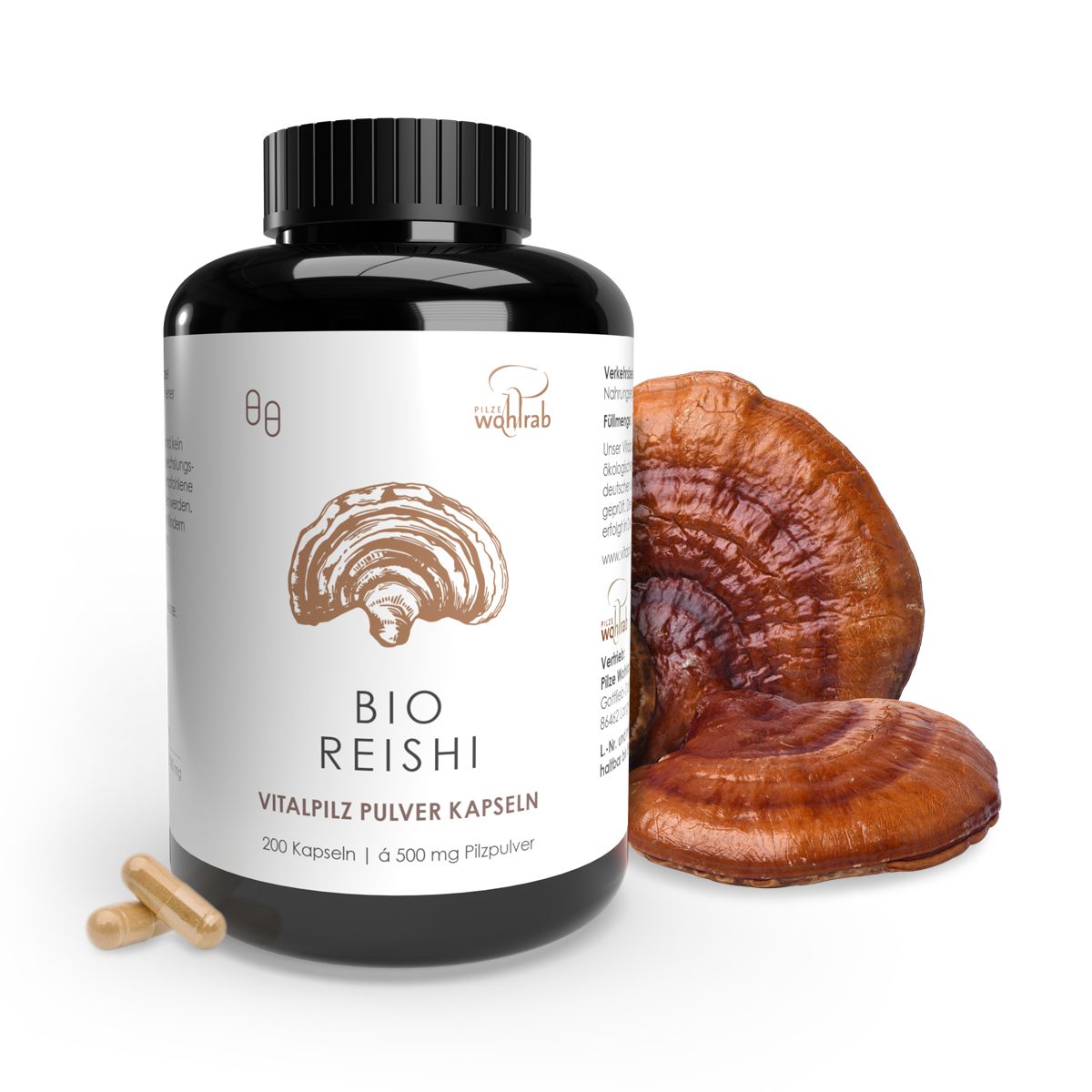 Braune Flasche mit schwarzen Deckel. Etikett mit Pilz-Illustration und Schriftzug BIO REISHI. Daneben zwei Pilze und Kapseln.