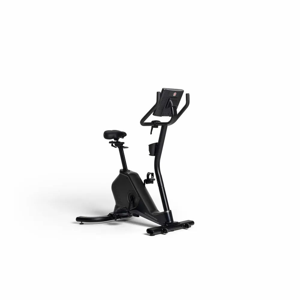 Hometrainer. Schwarz. Sattel, Pedale, Lenker und Display. Schwinn-Logo. Für den Innenbereich.