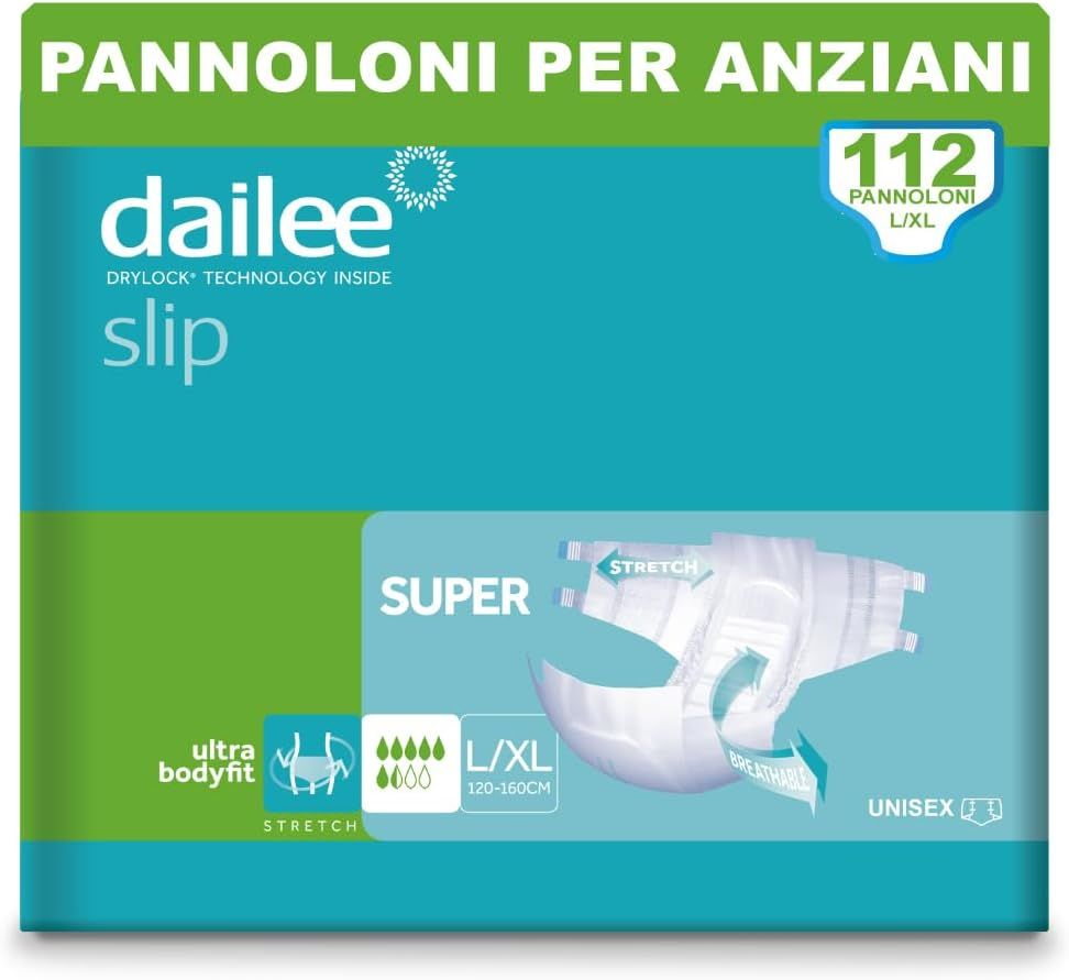 Verpackung Dailee Slip Super Inkontinenz Windeln. L/XL, 120-160cm. Grün, blau und weiß. Unisex.