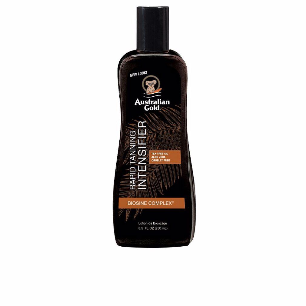 Braune Flasche mit schwarzem Deckel. Aufschrift: Rapid Tanning Intensifier, Biosine Complex, Australian Gold. 8.5 FL OZ.