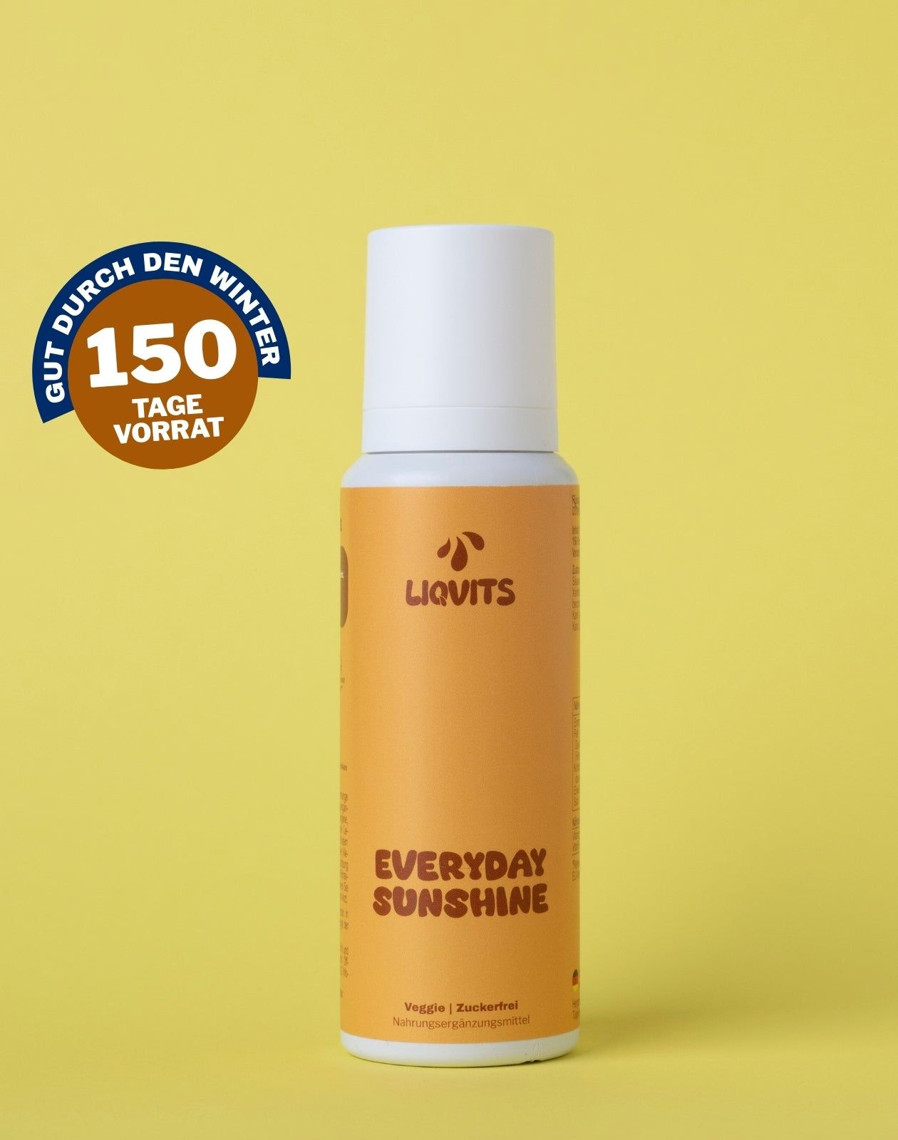 Gelbe Flasche mit weißem Deckel. Aufschrift: LiqVits Everyday Sunshine. Brauner Kreis mit Text: Gut durch den Winter, 150 Tage Vorrat.