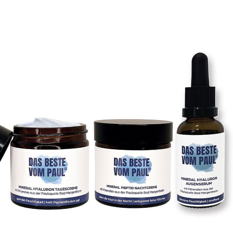 Drei Tiegel und eine Flasche mit dem Logo "DAS BESTE VOM PAUL". Produkte: Tagescreme, Nachtcreme und Augenserum.
