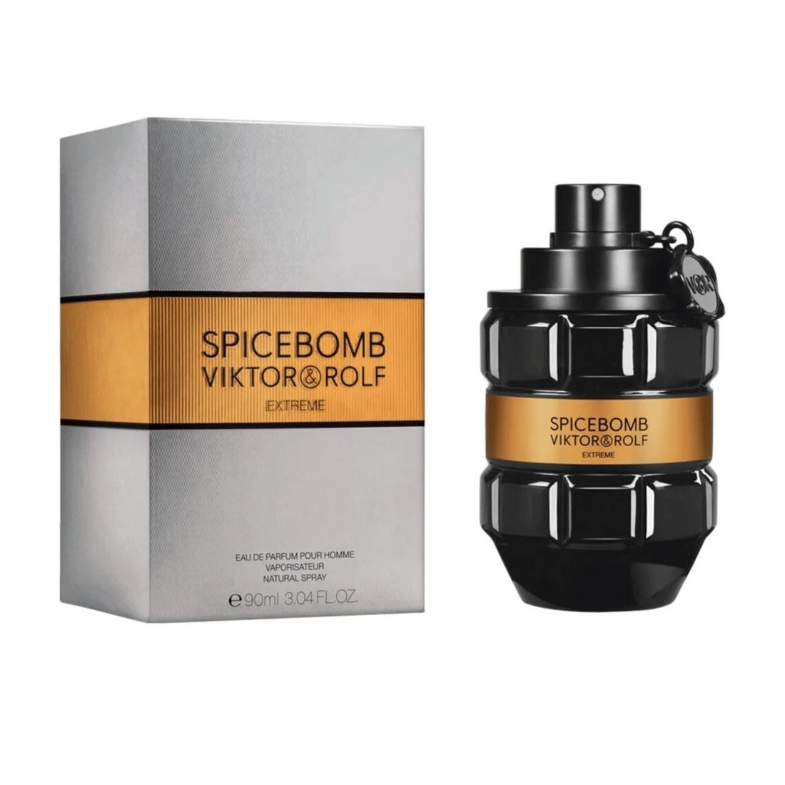 Schwarzer Flakon neben silberner Schachtel. Aufschrift: Spicebomb Viktor & Rolf Extreme. Text: Eau de Parfum pour homme.