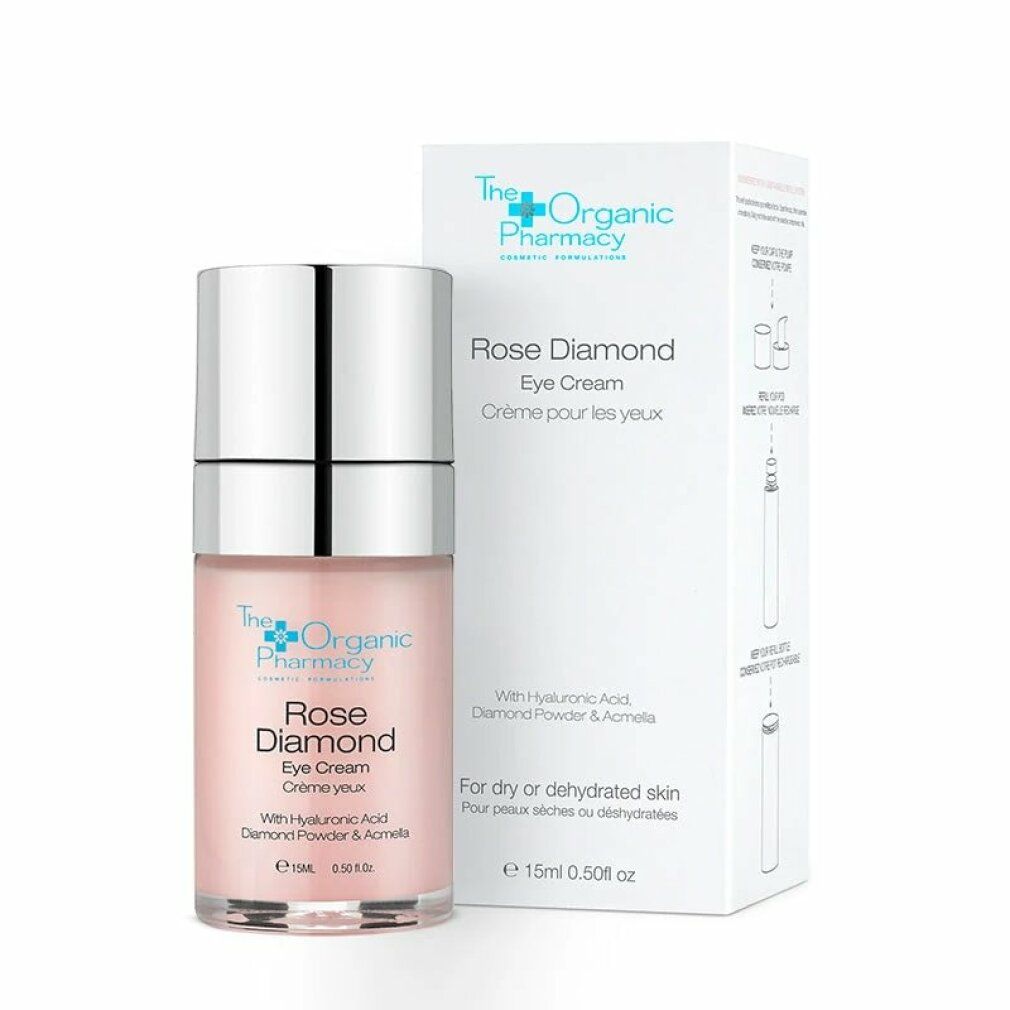 Augencreme-Flasche und Schachtel. Aufschrift: Rose Diamond Eye Cream. Marke: The Organic Pharmacy. Verpackung: weiß.