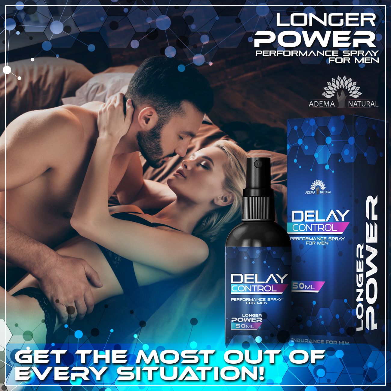Paar im Bett. "DELAY CONTROL" Spray und Verpackung. Text: "LONGER POWER".