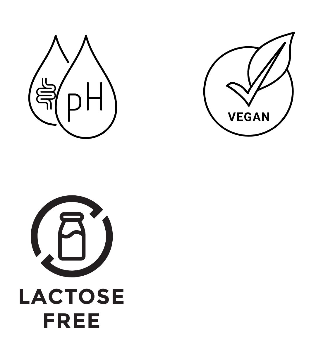 Drei Symbole: Darm und pH-Wert, Vegan-Siegel, laktosefrei. Schwarze Umrisse auf weißem Hintergrund.