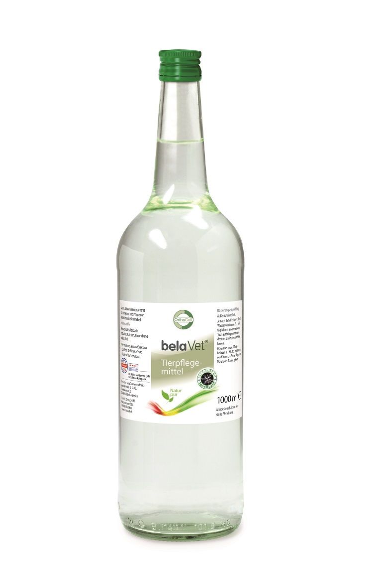 Klare Glasflasche mit grünem Deckel. Etikett mit Produktnamen belaVet und Text. 1000 ml.