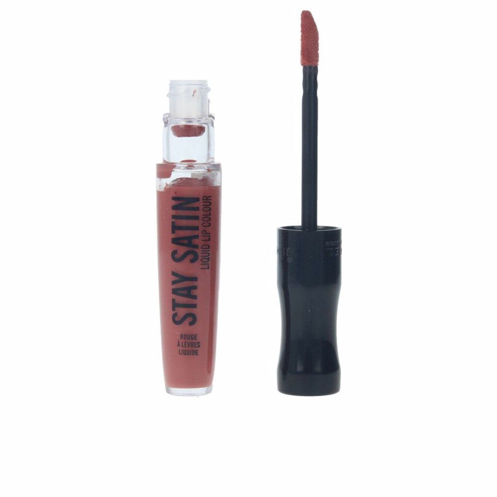 Flüssiger Lippenstift, geöffnet. Schwarzer Applikator. Aufschrift: Stay Satin, Rouge à Lèvres Liquide.