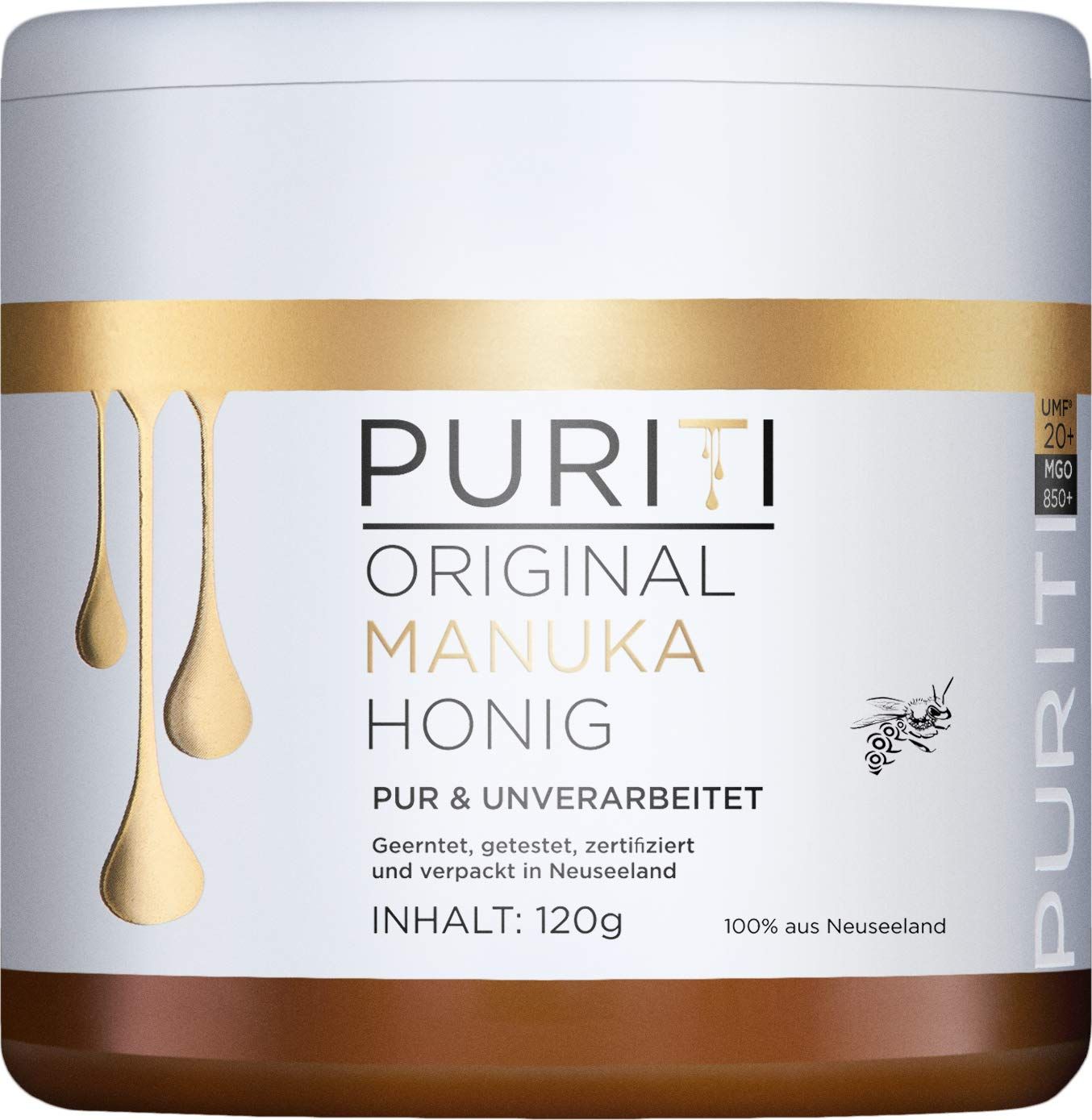 Weißer Behälter mit goldfarbenen Tropfen und Aufschrift PURITI ORIGINAL MANUKA HONIG. Inhalt: 120g.