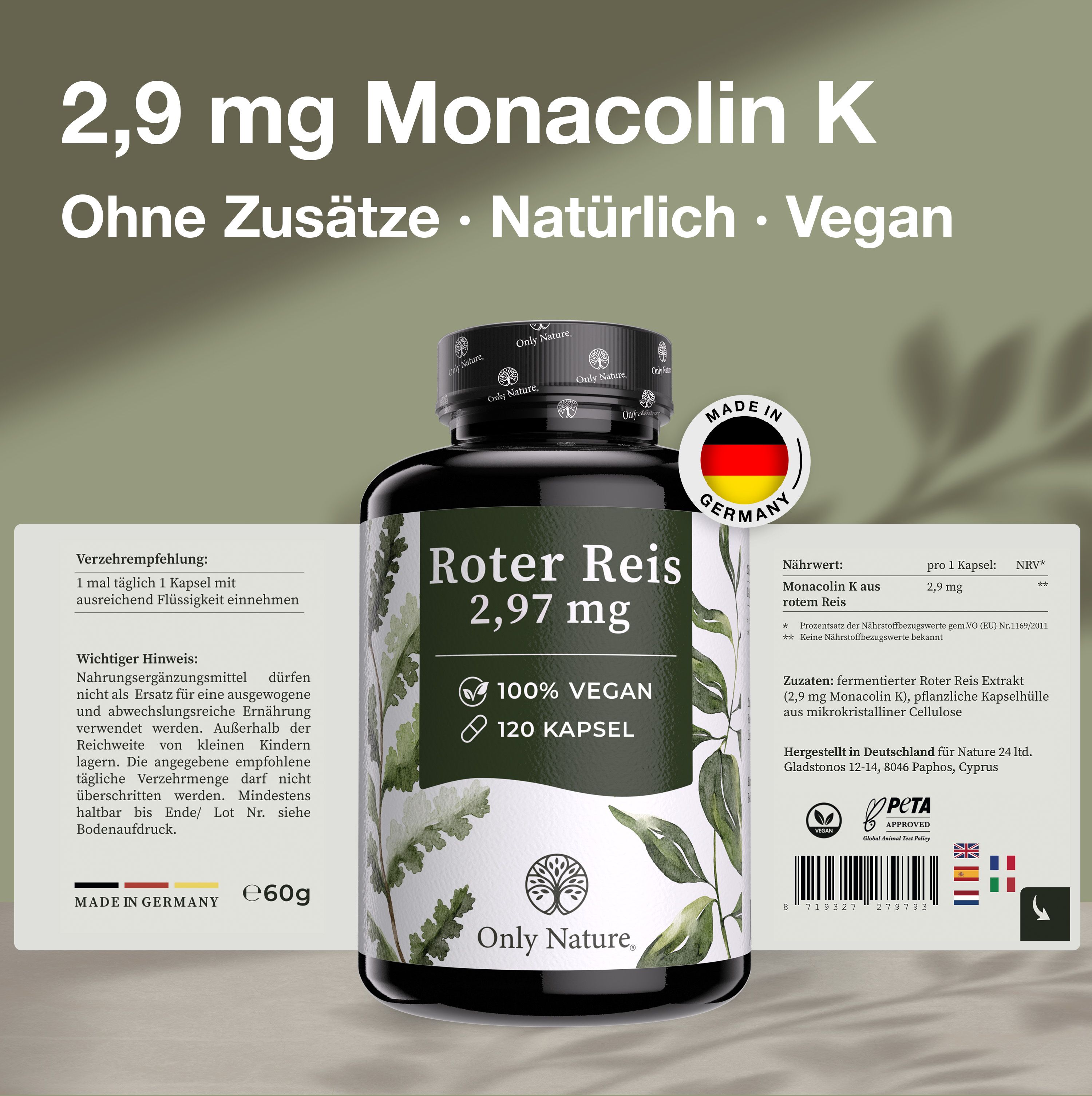 Only Nature® Roter Reis 600 mg - HOCHDOSIERT mit 2,95mg Monacolin K - in Deutschland produziert