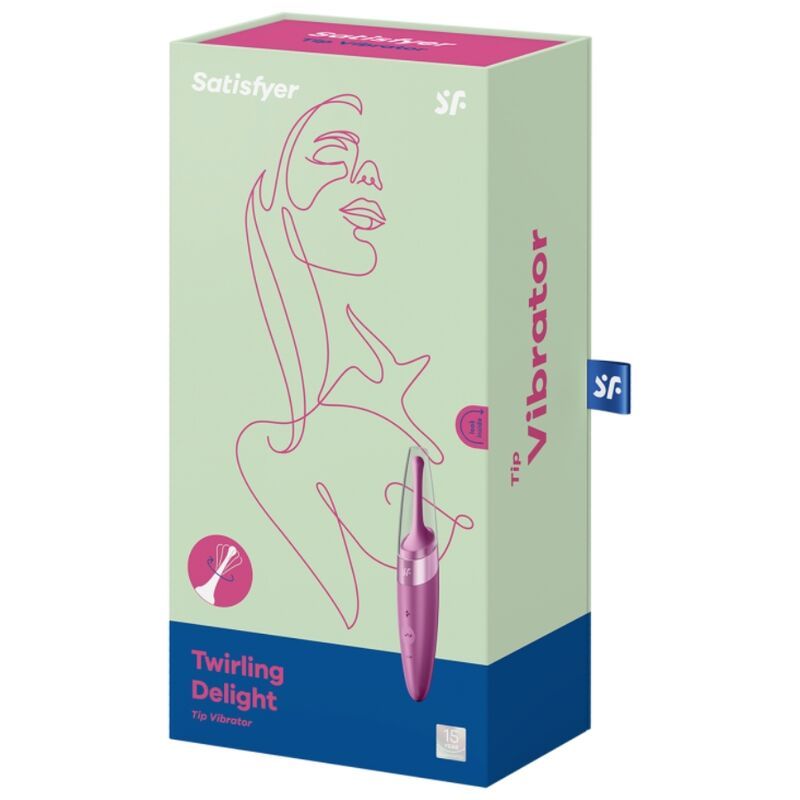 Verpackung mit Produktabbildung. Marke Satisfyer, Produktname Vibrator Twirling Delight.