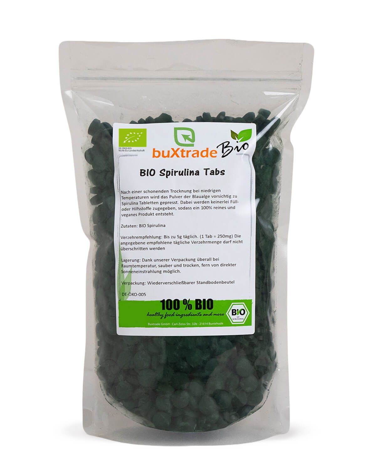 Verpackung mit buxtrade Bio Spirulina Tabs, dunkelgrün, rund.