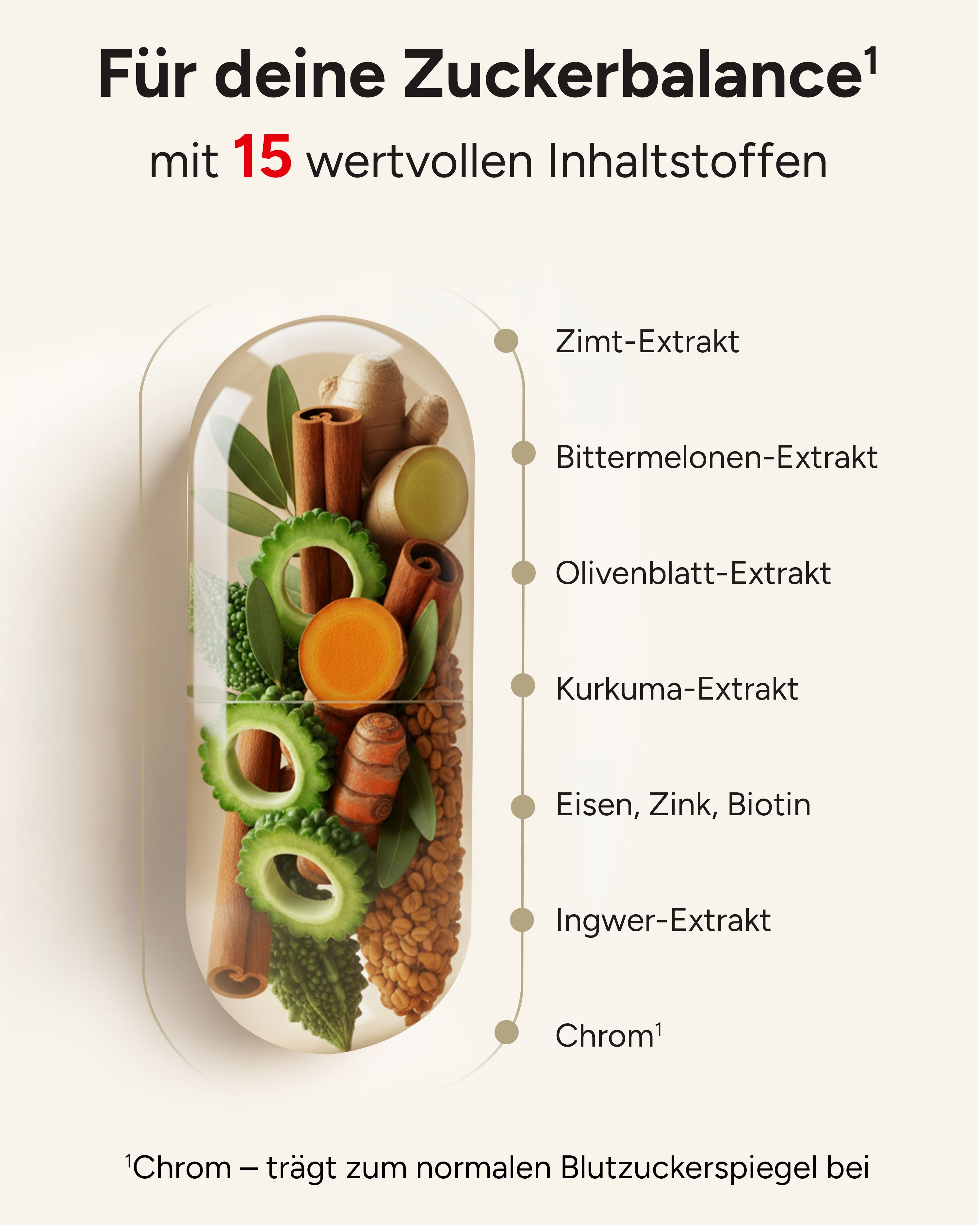Kapsel-Illustration mit Inhaltsstoffen: Zimt, Bittermelone, Olivenblatt, Kurkuma, Eisen, Zink, Biotin, Ingwer, Chrom.