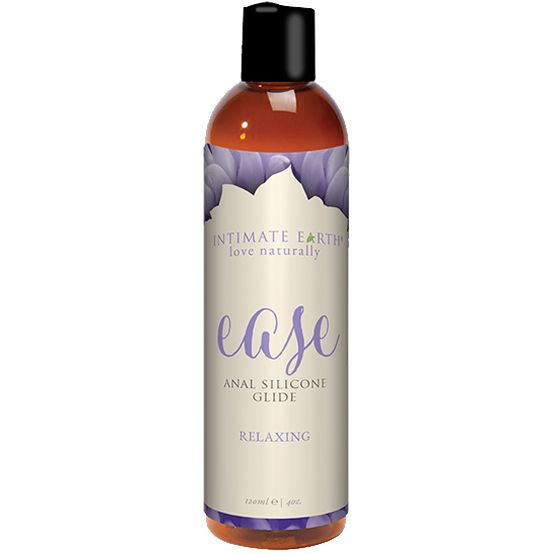 Flasche Intimate Earth Ease Anal-Gleitgel. Lila Etikett mit Schriftzug. Schwarzer Deckel.