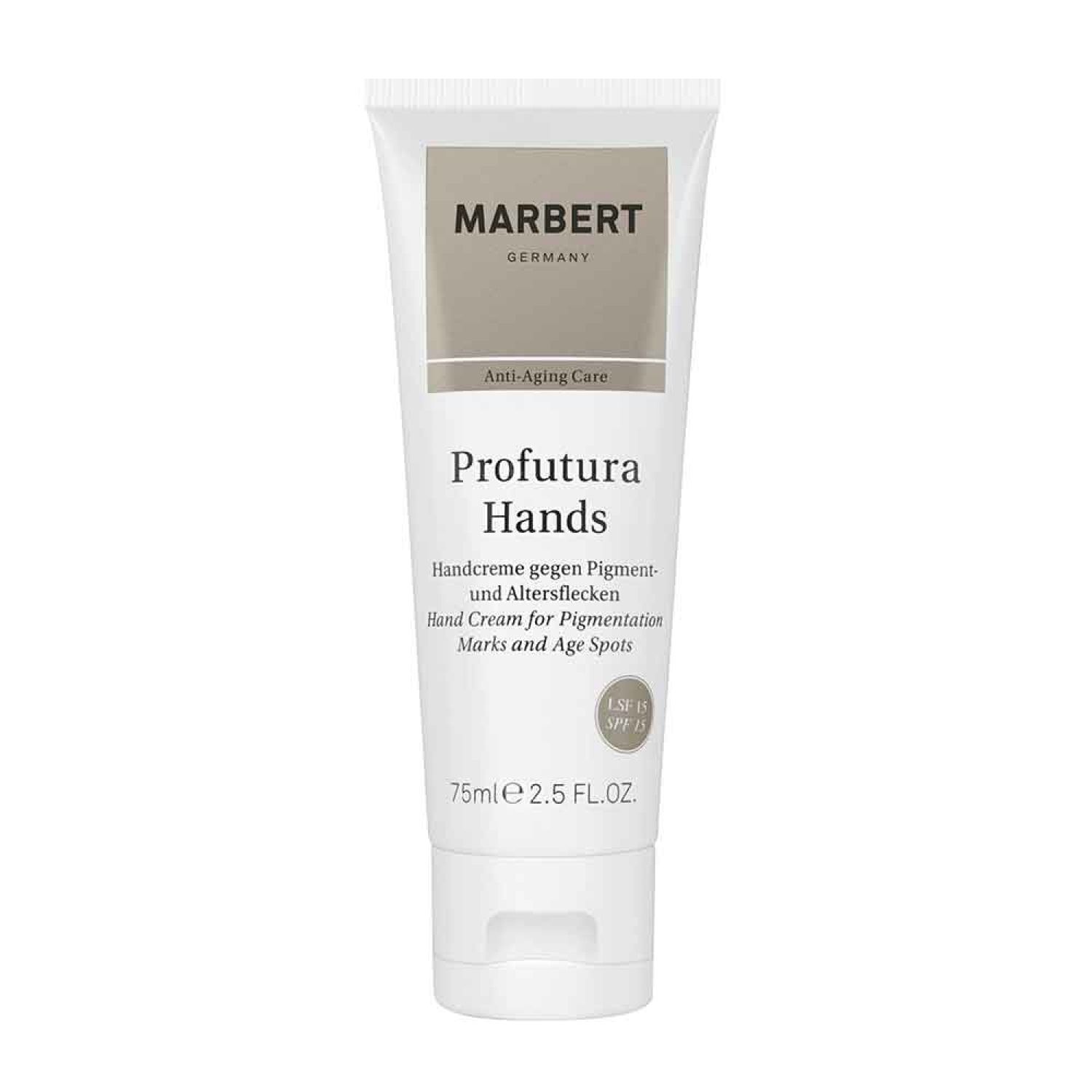 Weiße Tube mit Aufschrift MARBERT, Profutura Hands. Handcreme gegen Pigment- und Altersflecken. Enthält SPF 15. 75ml.