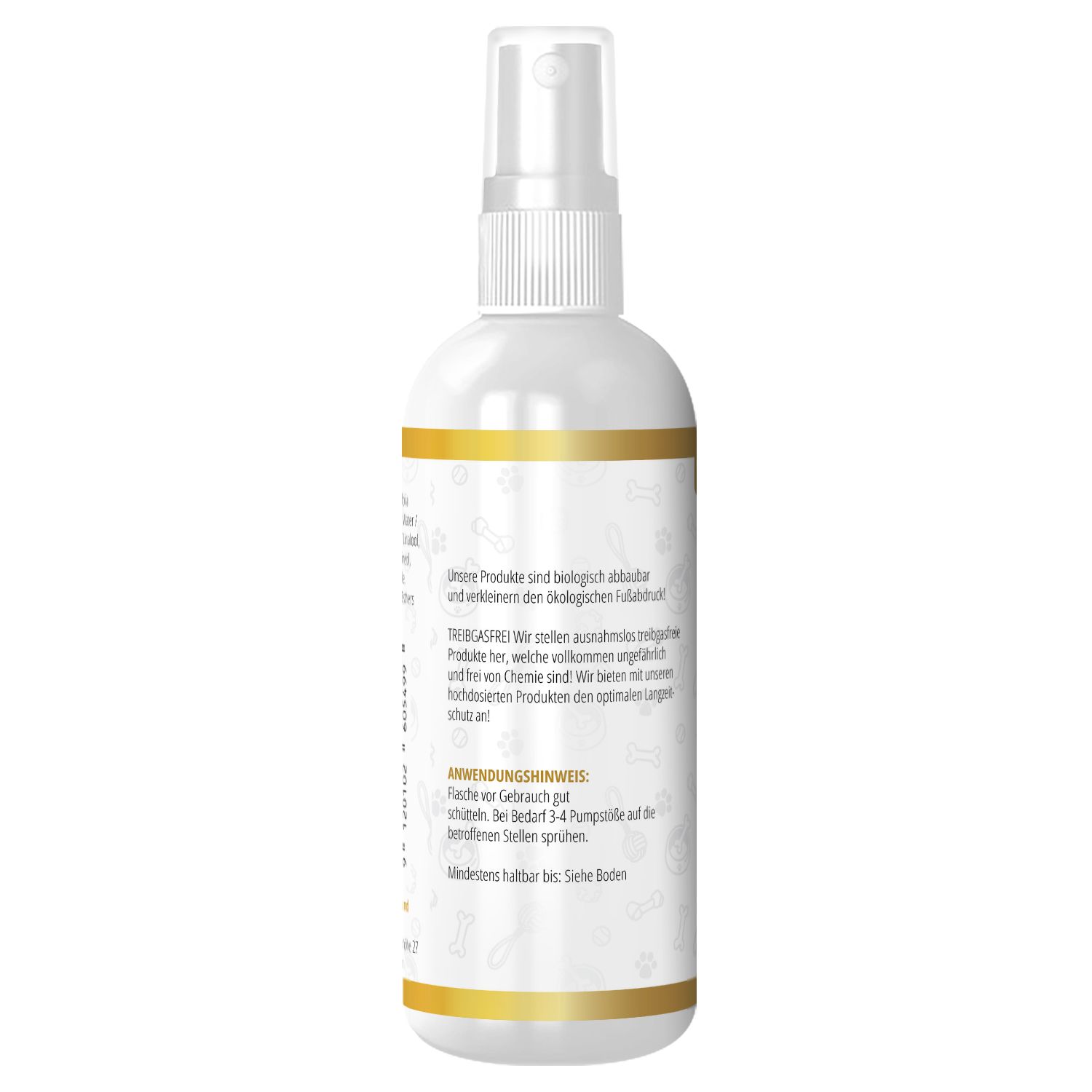 Rückseite der Zeckimix Spray Flasche. Text in deutscher Sprache. Goldfarbene Akzente. Informationen zu Inhaltsstoffen und Anwendungshinweisen.