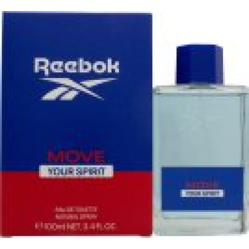 Flakon und Verpackung. Aufschrift Reebok, MOVE YOUR SPIRIT und Eau de Toilette. Flakon mit blauem Verschluss.