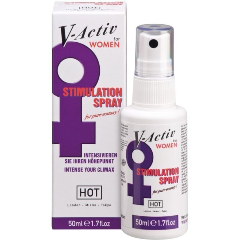Weiße Flasche mit Sprühkopf und Verpackung. Aufschrift: V-Activ for WOMEN, STIMULATION SPRAY, HOT. 50ml.