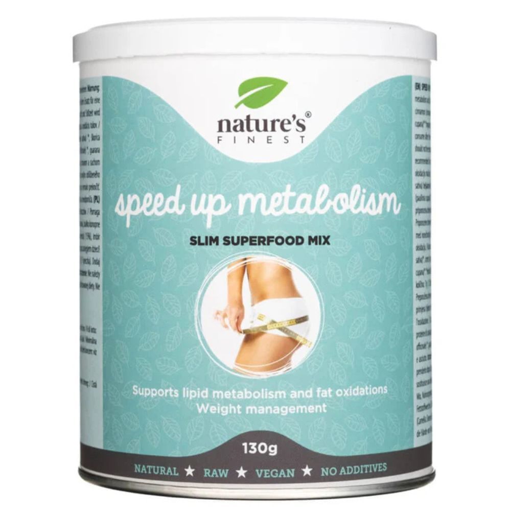 Dose Nature's Finest. Aufschrift: Speed up Metabolism, Slim Superfood Mix. Enthält 130g. Unterstützt Lipidstoffwechsel und Fettverbrennung.